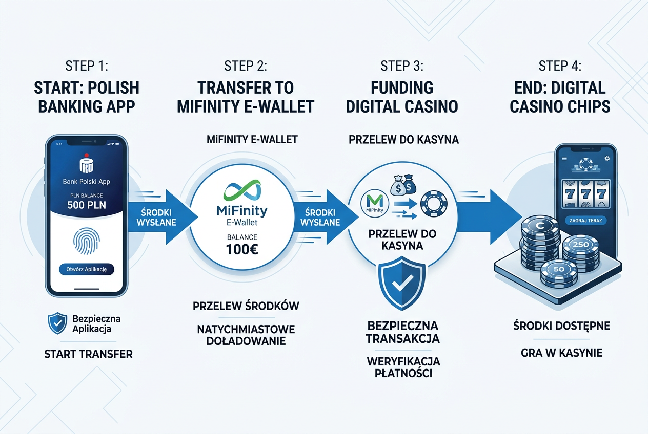 Infografika pokazująca drogę pieniądza od banku, przez e-portfel MiFinity, aż do konta w kasynie online.