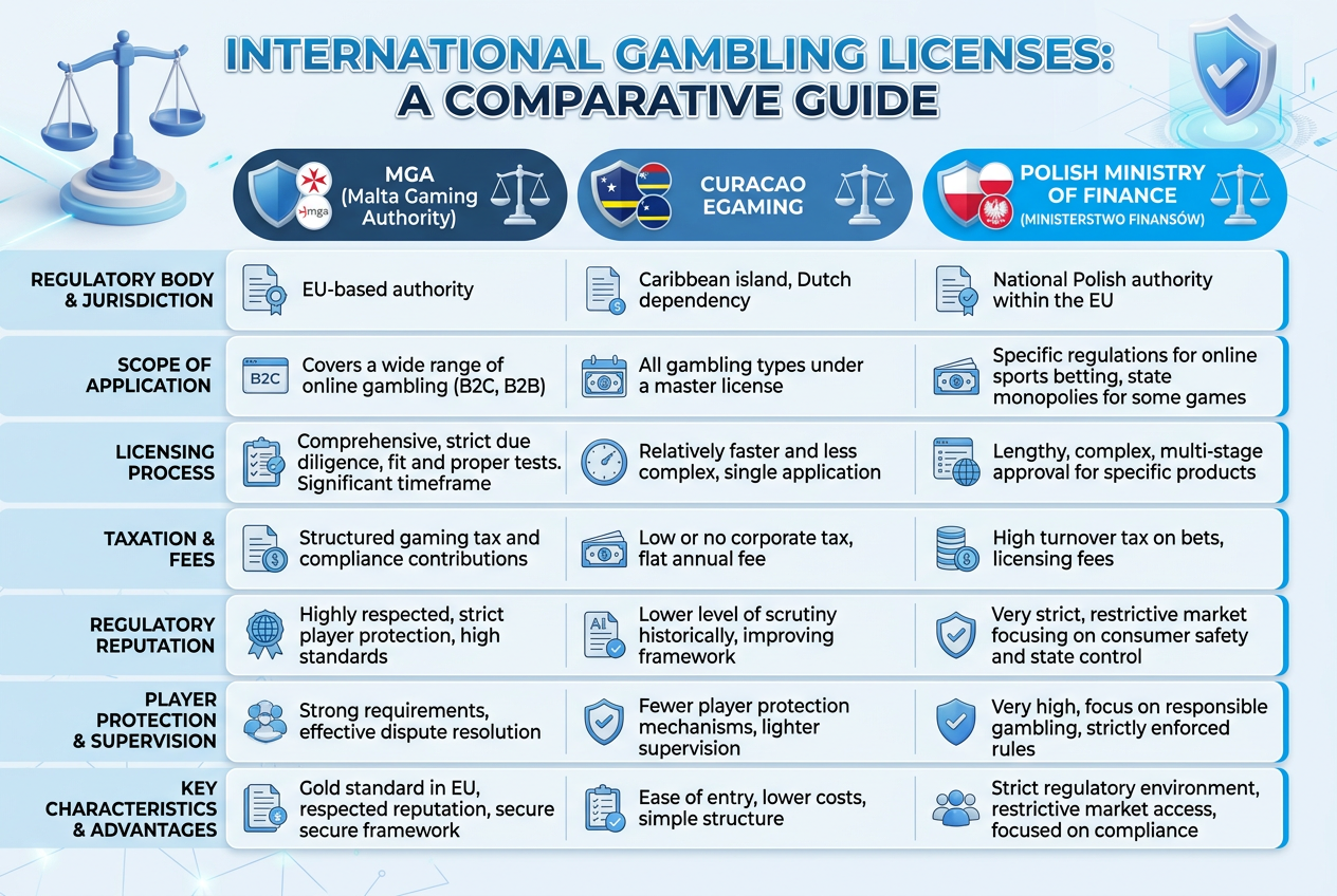 Infografika przedstawiająca porównanie licencji kasynowych w Polsce w 2026 roku